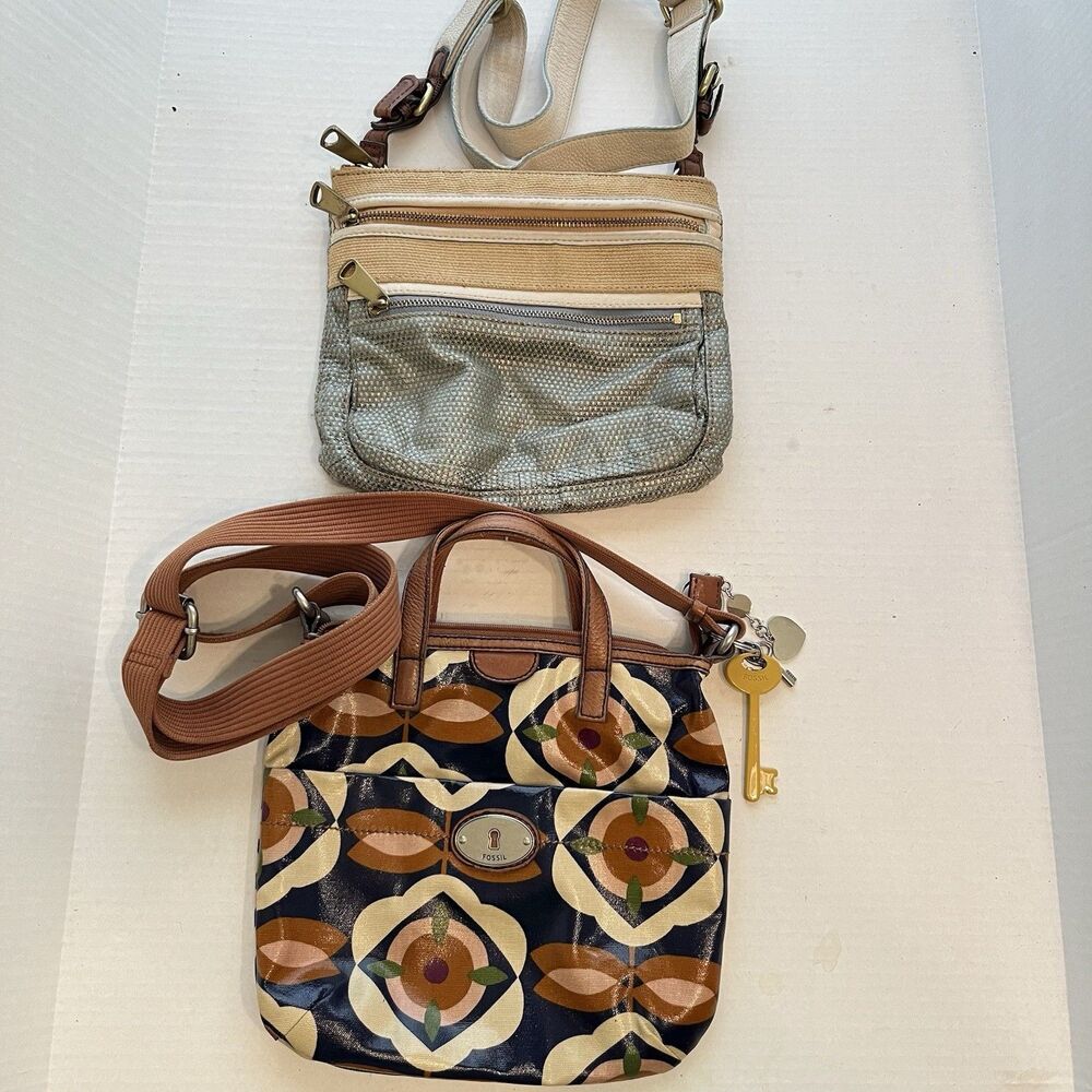 Lot 2 Fossil Key-Per Crossbody Shoulder Bag Purse Brown Floral Coated Canvas Bag